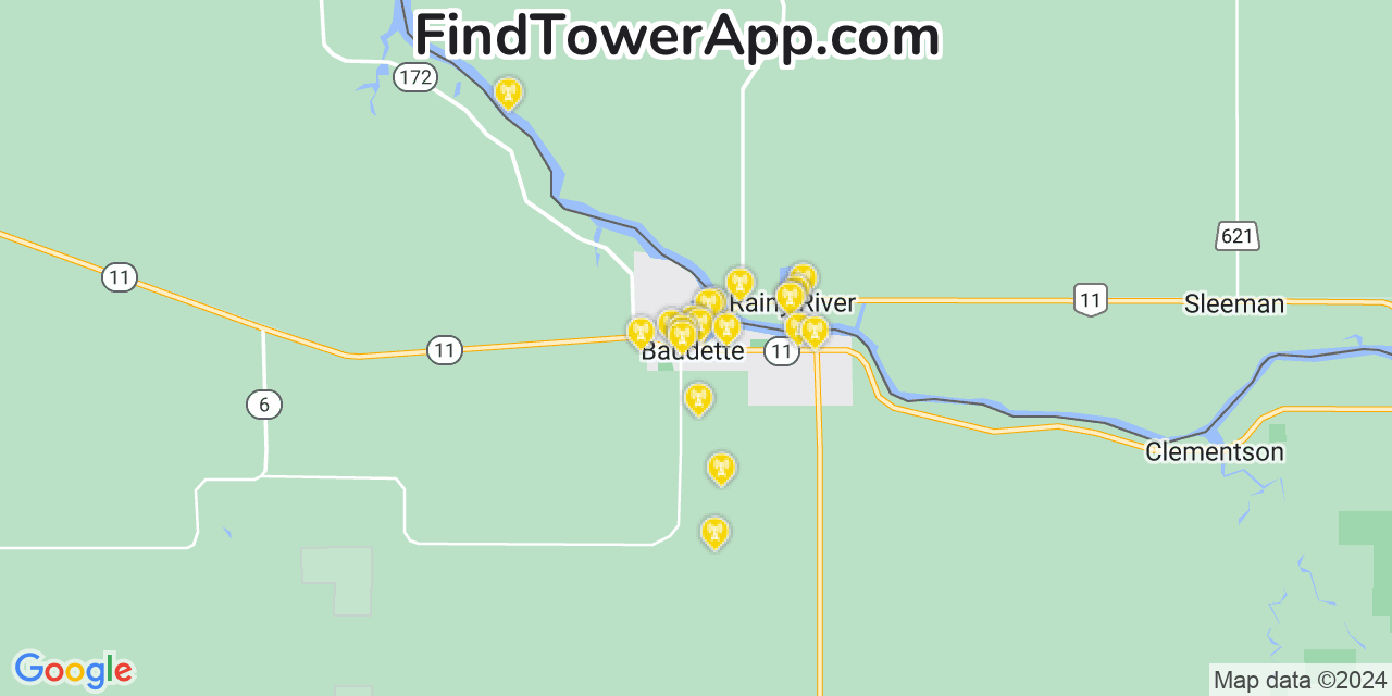 AT&T 4G/5G cell tower coverage map Baudette, Minnesota