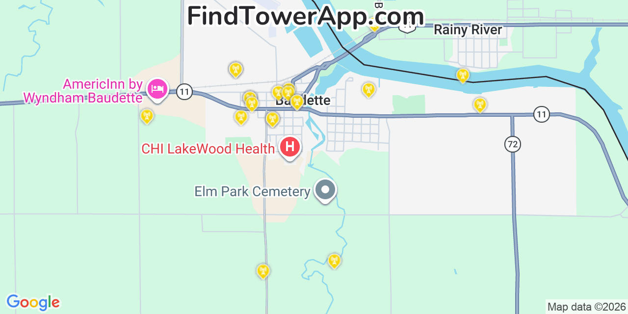 Map showing the 20 primary cell tower locations detected in Baudette, Minnesota from AT&T, Verizon, and T-Mobile networks