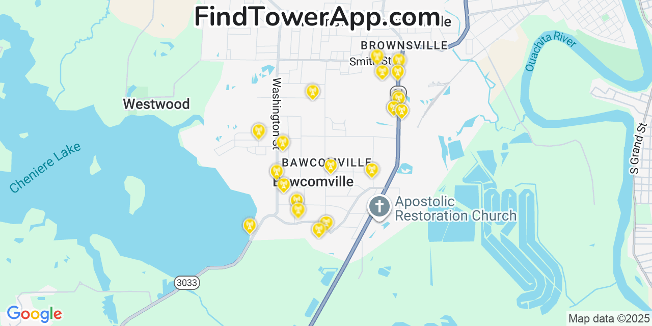 Map showing the 20 primary cell tower locations detected in Bawcomville, Louisiana from AT&T, Verizon, and T-Mobile networks