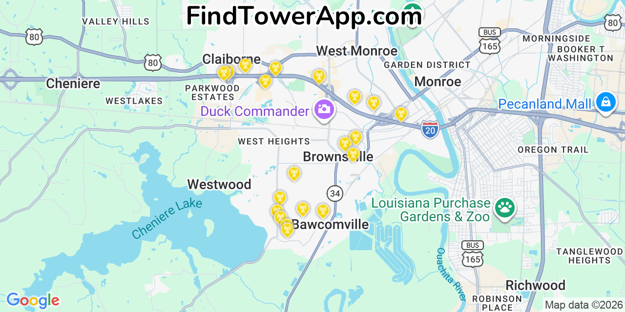 Map showing the 20 primary cell tower locations detected in Bawcomville, Louisiana from AT&T, Verizon, and T-Mobile networks