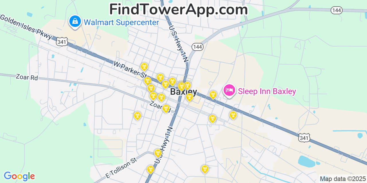 Map showing the 20 primary cell tower locations detected in Baxley, Georgia from AT&T, Verizon, and T-Mobile networks