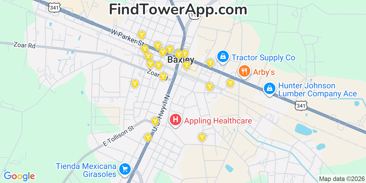 Map showing the 20 primary cell tower locations detected in Baxley, Georgia from AT&T, Verizon, and T-Mobile networks