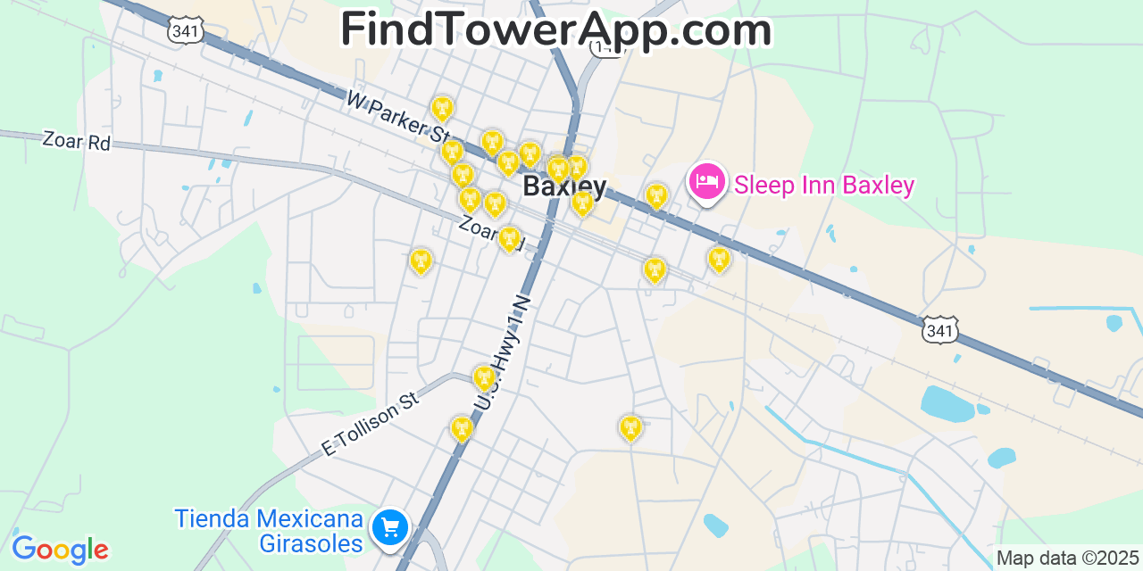 Map showing the 20 primary Mobitel cell tower locations detected in Baxley, Georgia with coverage radius and signal strength indicators