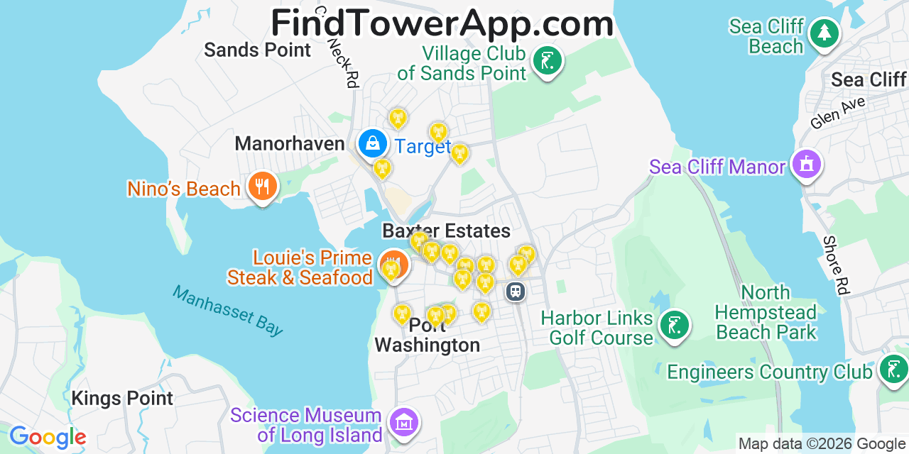 Map showing the 20 primary cell tower locations detected in Baxter Estates, New York from AT&T, Verizon, and T-Mobile networks