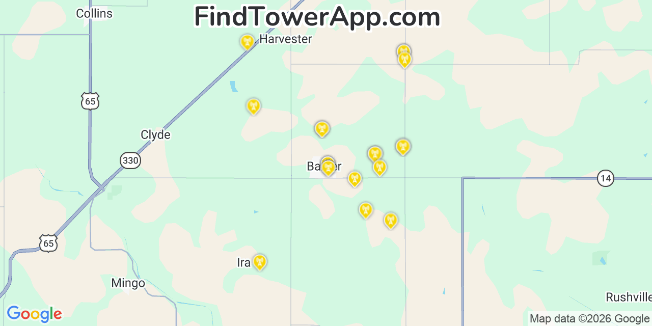 Map showing the 20 primary cell tower locations detected in Baxter, Iowa from AT&T, Verizon, and T-Mobile networks