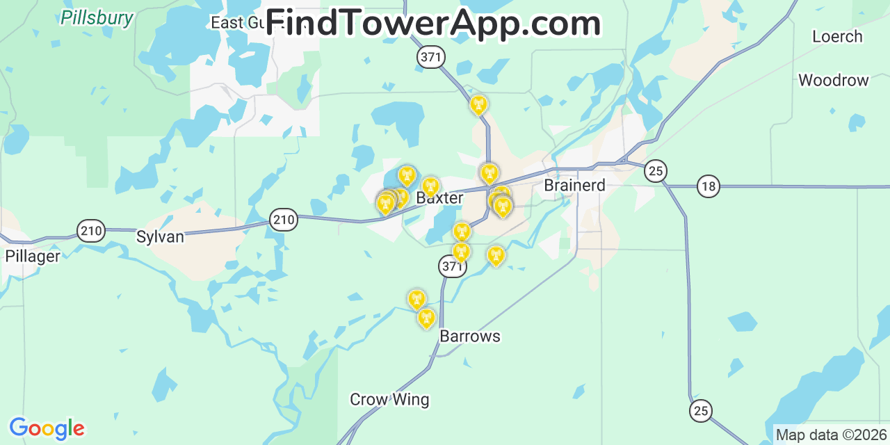 Map showing the 20 primary cell tower locations detected in Baxter, Minnesota from AT&T, Verizon, and T-Mobile networks