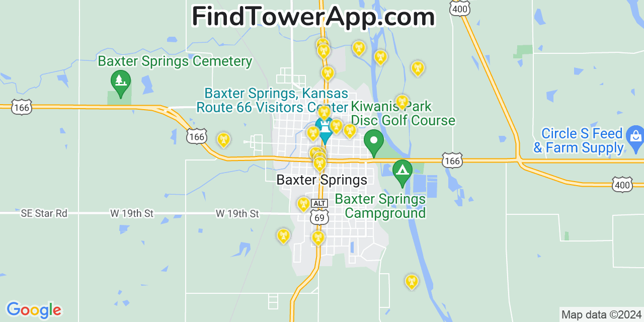 AT&T 4G/5G cell tower coverage map Baxter Springs, Kansas