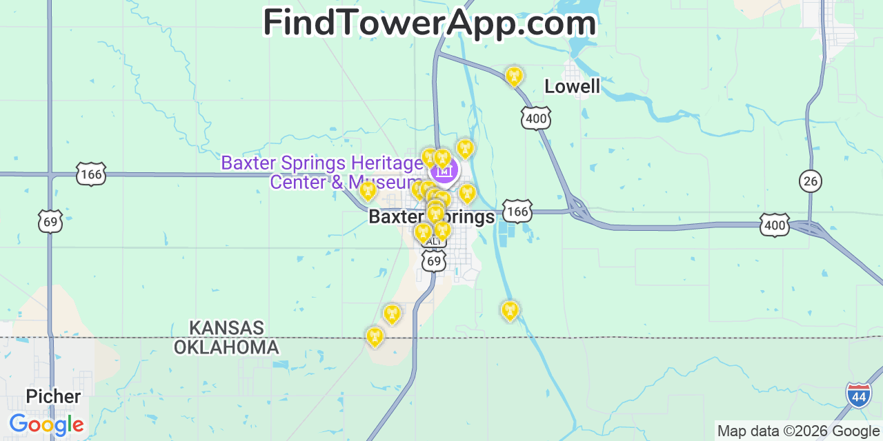 Map showing the 20 primary cell tower locations detected in Baxter Springs, Kansas from AT&T, Verizon, and T-Mobile networks