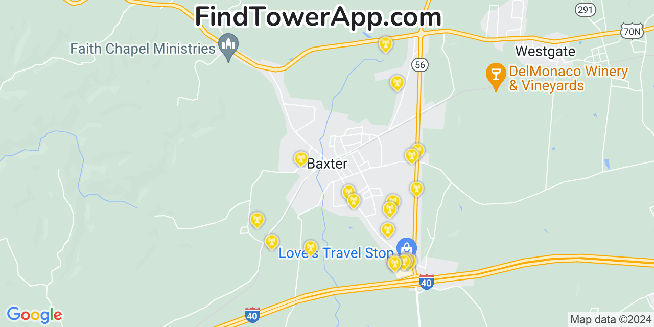 AT&T 4G/5G cell tower coverage map Baxter, Tennessee