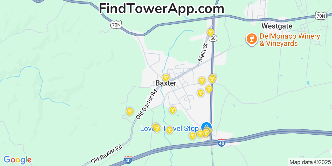 Map showing the 20 primary cell tower locations detected in Baxter, Tennessee from AT&T, Verizon, and T-Mobile networks