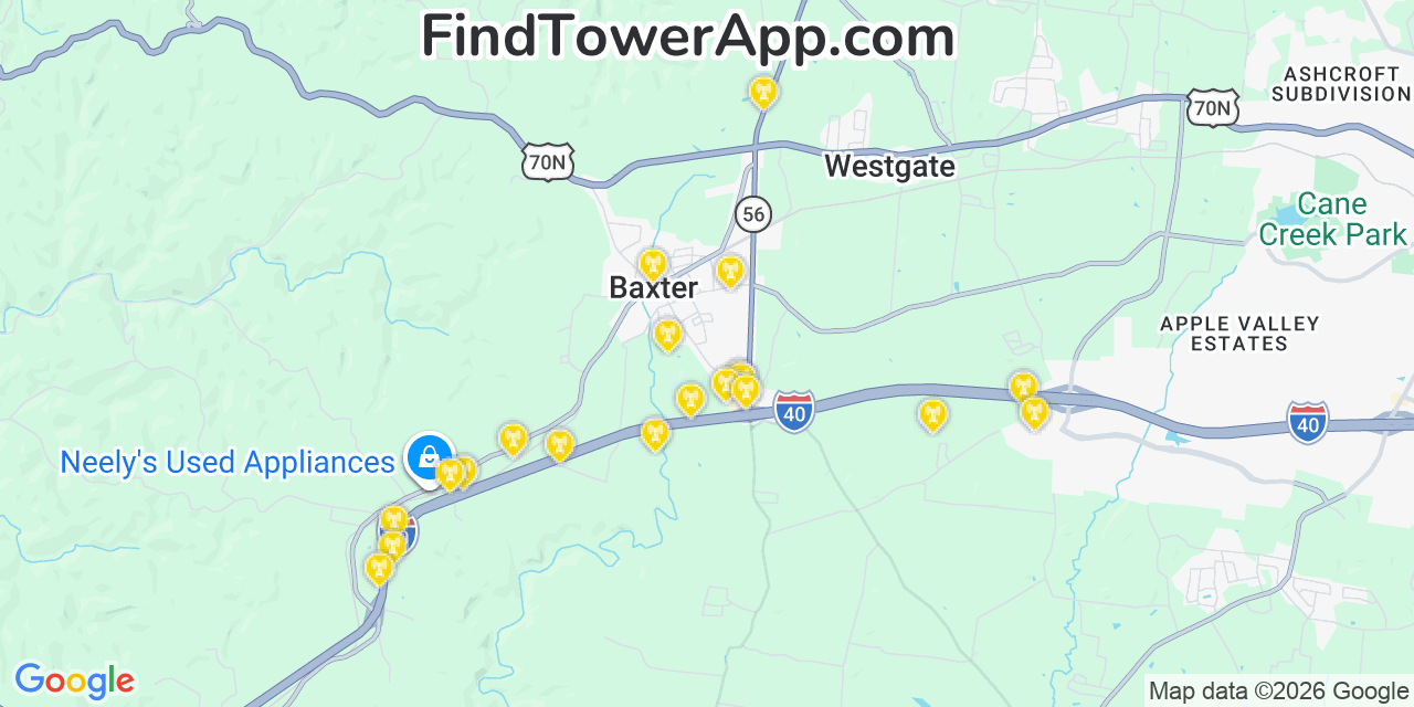 Map showing the 20 primary cell tower locations detected in Baxter, Tennessee from AT&T, Verizon, and T-Mobile networks