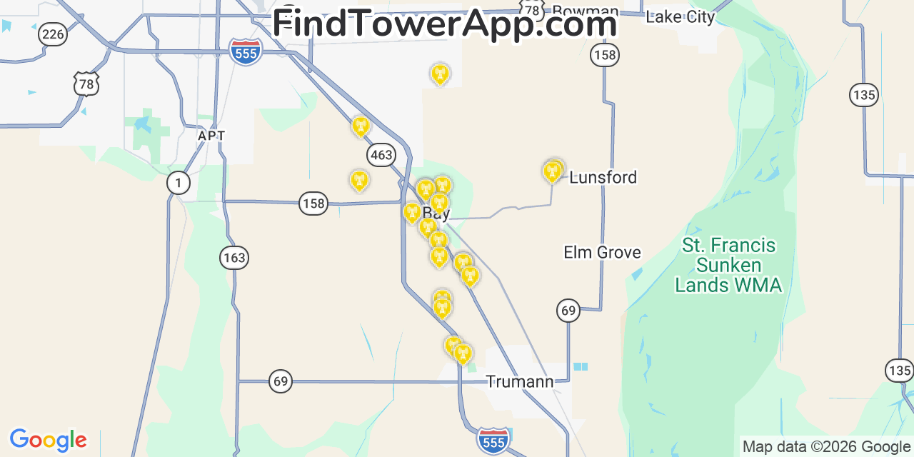 Map showing the 20 primary cell tower locations detected in Bay, Arkansas from AT&T, Verizon, and T-Mobile networks