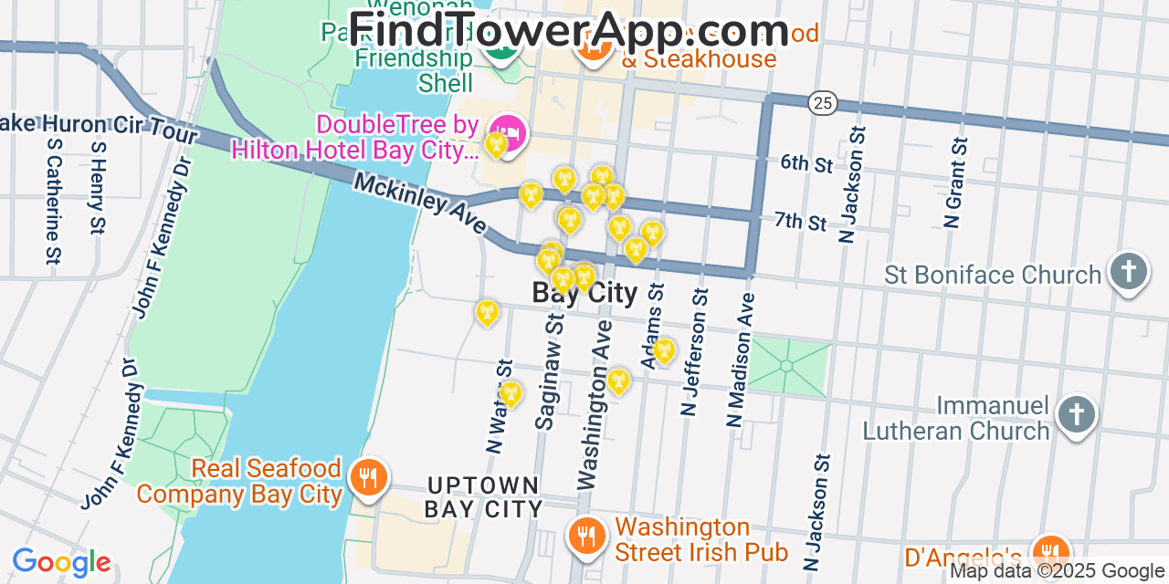 Map showing the 20 primary cell tower locations detected in Bay City, Michigan from AT&T, Verizon, and T-Mobile networks