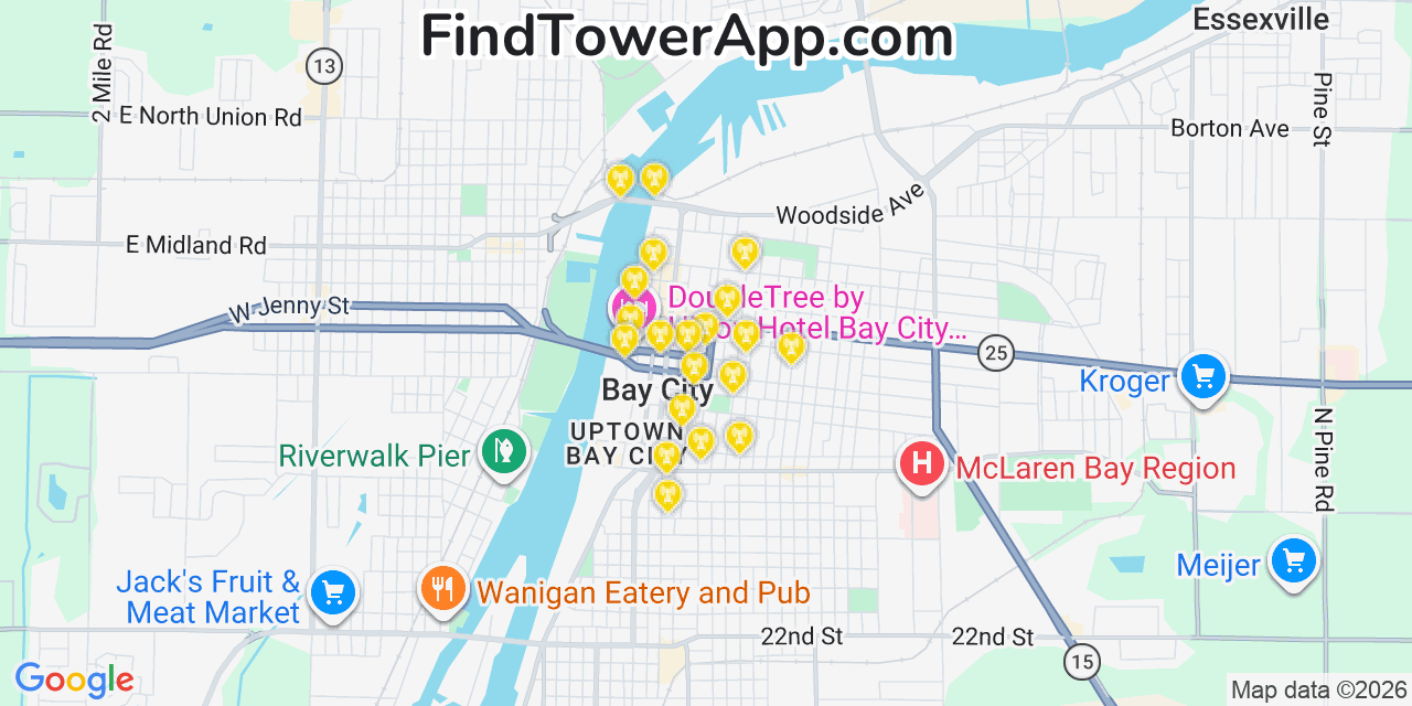 Map showing the 20 primary cell tower locations detected in Bay City, Michigan from AT&T, Verizon, and T-Mobile networks