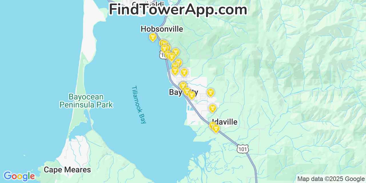 Map showing the 20 primary cell tower locations detected in Bay City, Oregon from AT&T, Verizon, and T-Mobile networks