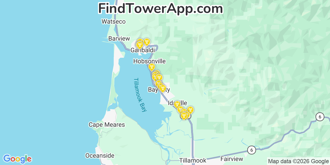 Map showing the 20 primary cell tower locations detected in Bay City, Oregon from AT&T, Verizon, and T-Mobile networks