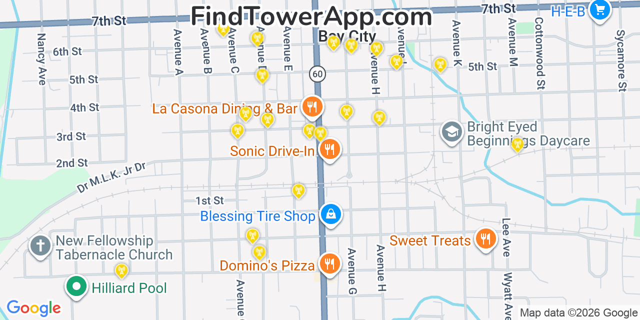 Map showing the 20 primary cell tower locations detected in Bay City, Texas from AT&T, Verizon, and T-Mobile networks