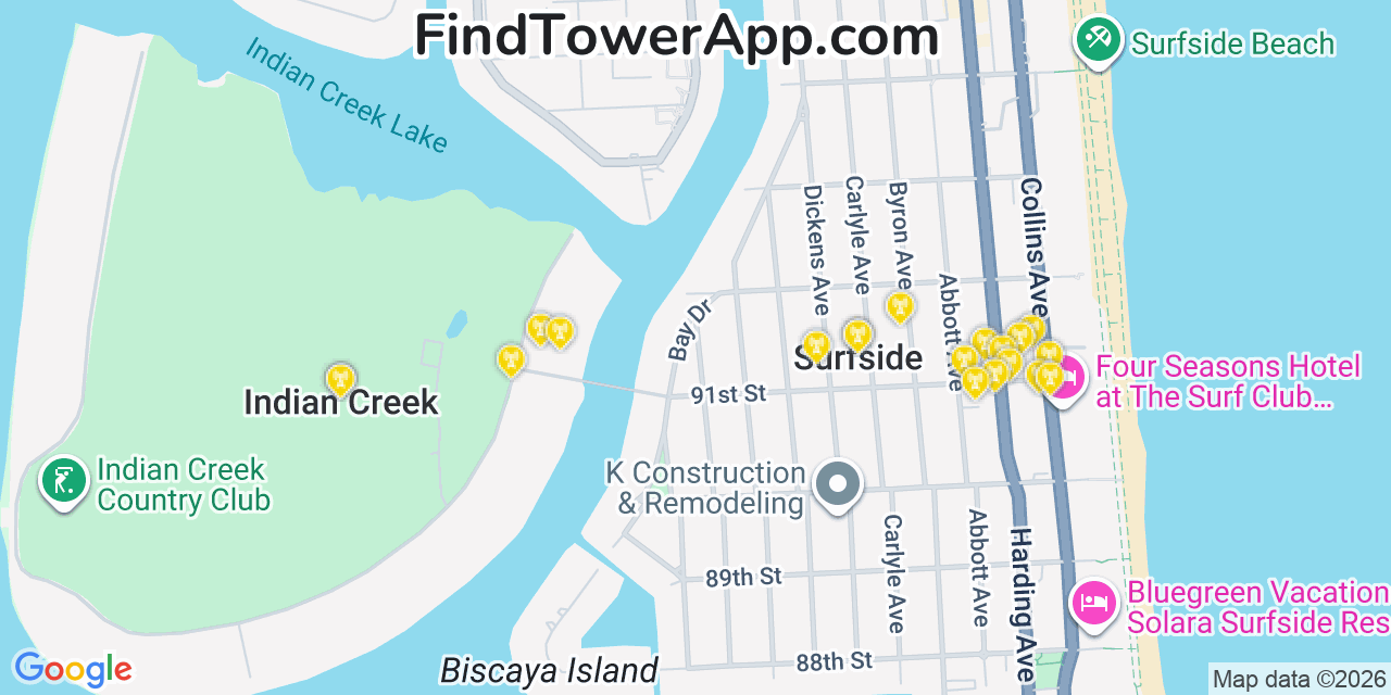 Map showing the 20 primary cell tower locations detected in Bay Harbor Islands, Florida from AT&T, Verizon, and T-Mobile networks