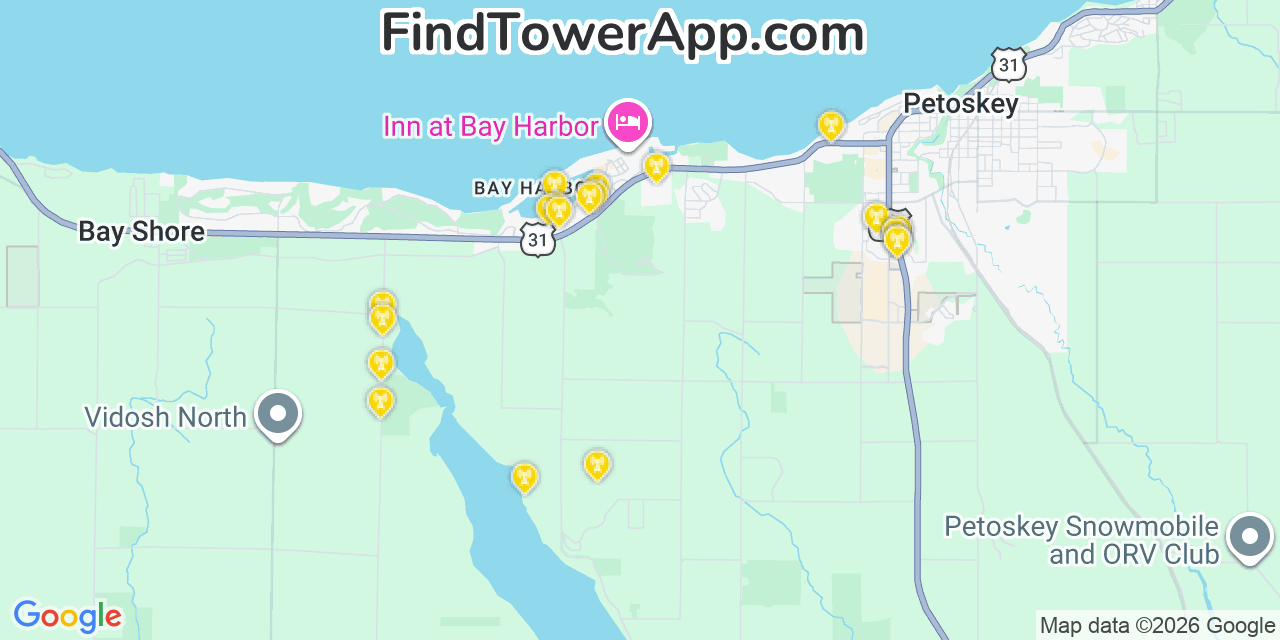 Map showing the 20 primary cell tower locations detected in Bay Harbor, Michigan from AT&T, Verizon, and T-Mobile networks