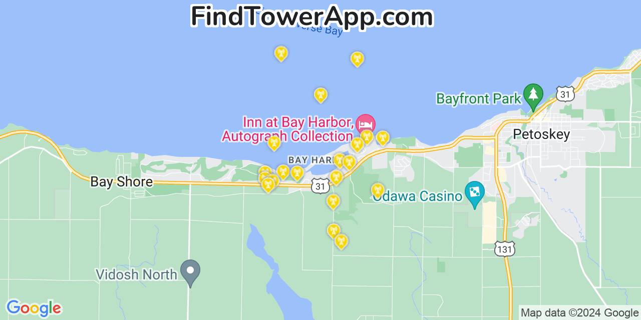 Verizon 4G/5G cell tower coverage map Bay Harbor, Michigan