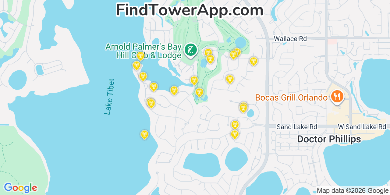 Map showing the 20 primary cell tower locations detected in Bay Hill, Florida from AT&T, Verizon, and T-Mobile networks