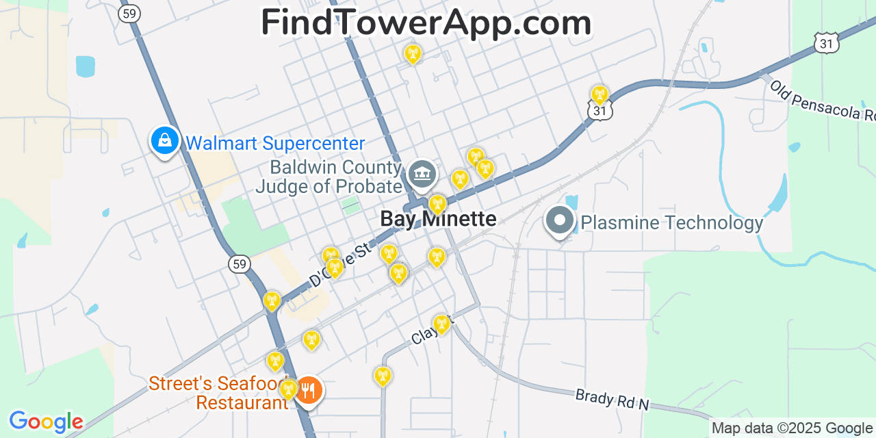 Map showing the 20 primary cell tower locations detected in Bay Minette, Alabama from AT&T, Verizon, and T-Mobile networks