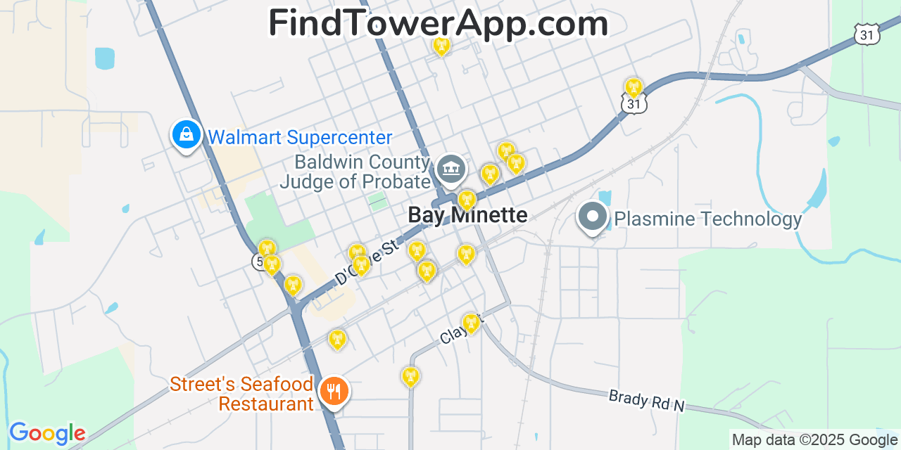 Map showing the 20 primary cell tower locations detected in Bay Minette, Alabama from AT&T, Verizon, and T-Mobile networks