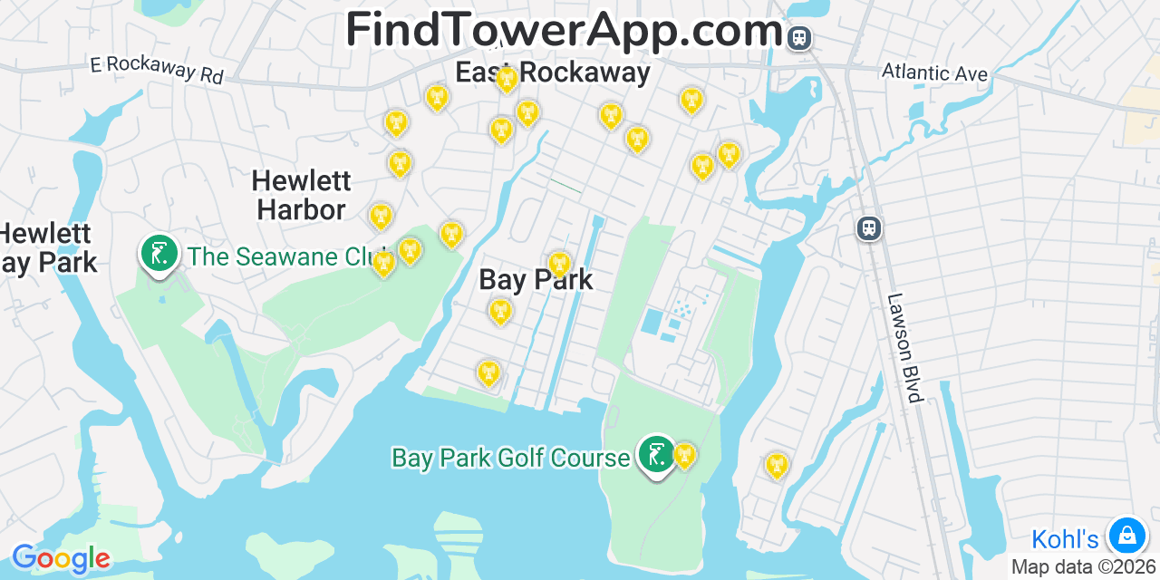 Map showing the 20 primary cell tower locations detected in Bay Park, New York from AT&T, Verizon, and T-Mobile networks