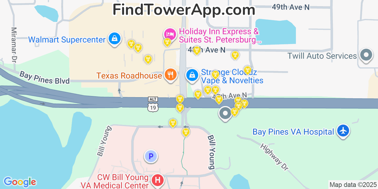 Map showing the 20 primary cell tower locations detected in Bay Pines, Florida from AT&T, Verizon, and T-Mobile networks