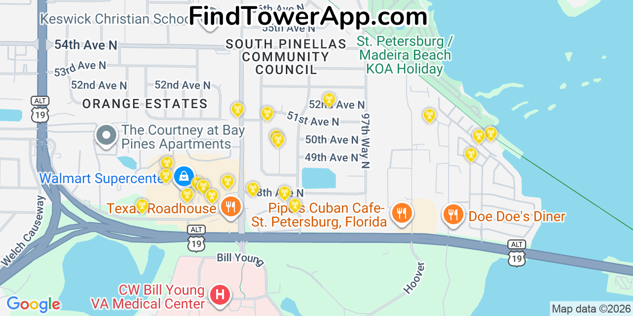 Map showing the 20 primary cell tower locations detected in Bay Pines, Florida from AT&T, Verizon, and T-Mobile networks
