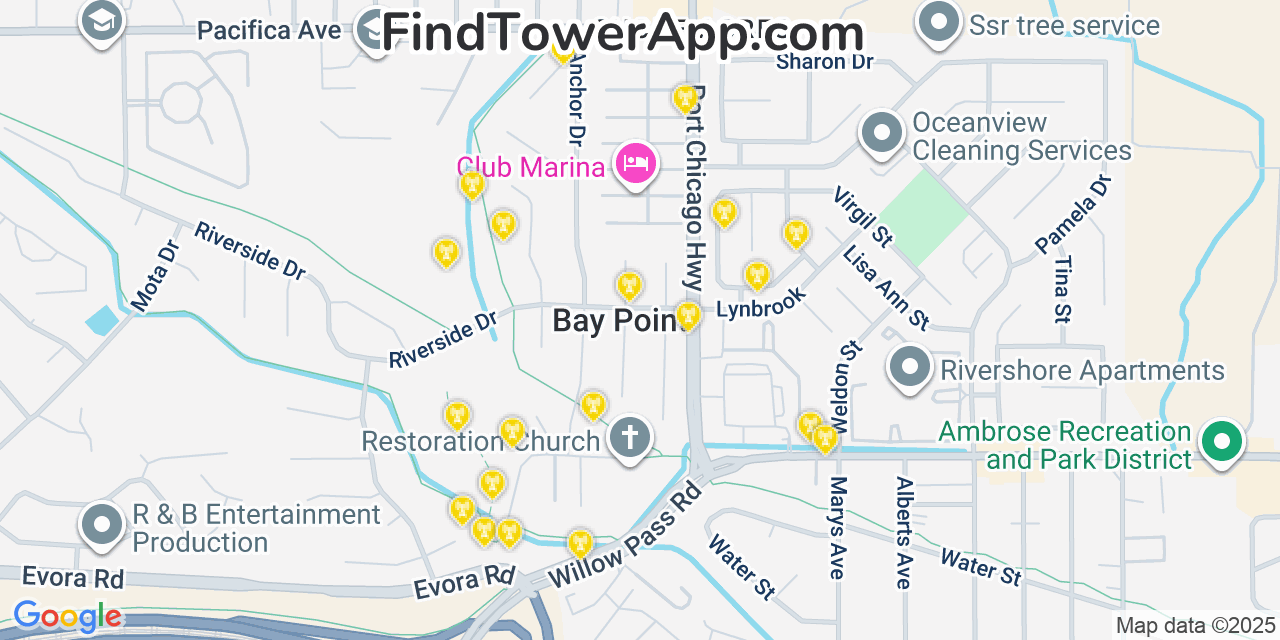 Map showing the 20 primary cell tower locations detected in Bay Point, California from AT&T, Verizon, and T-Mobile networks