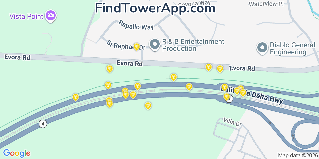 Map showing the 20 primary cell tower locations detected in Bay Point, California from AT&T, Verizon, and T-Mobile networks