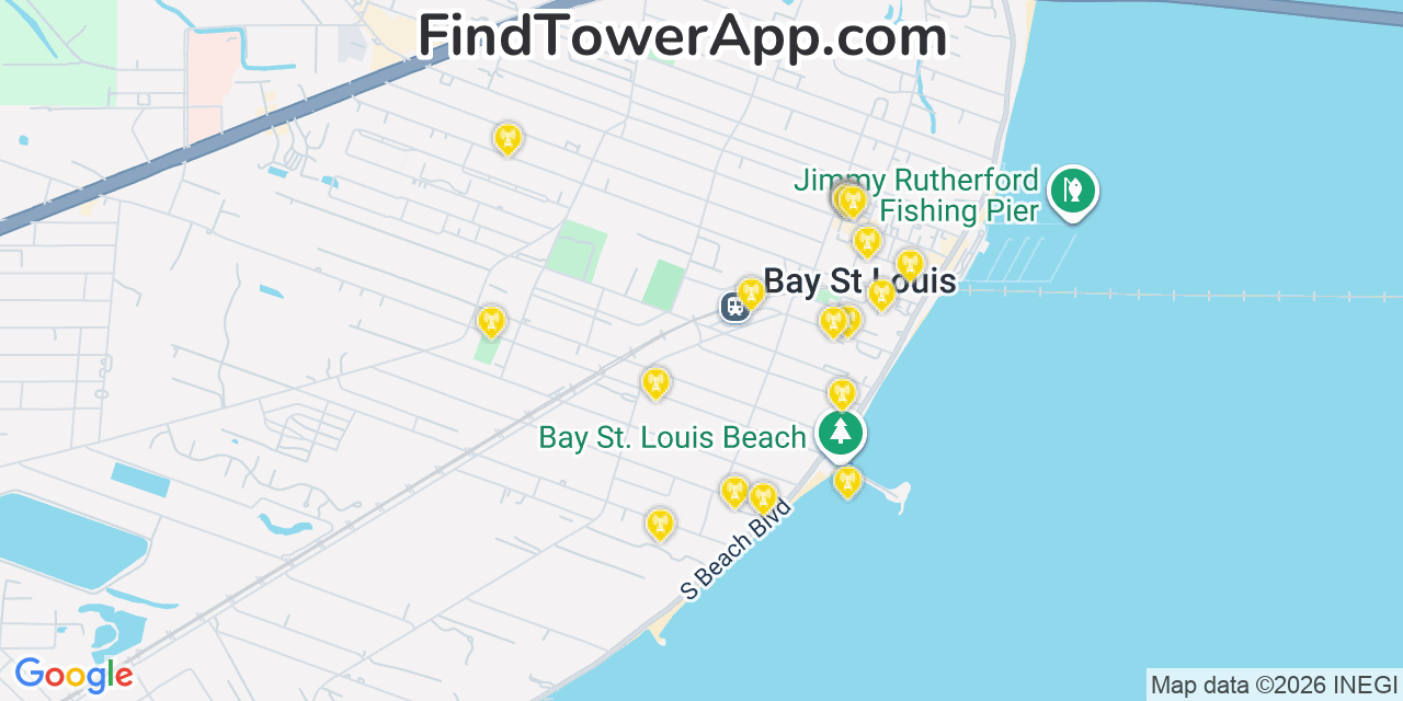 Map showing the 20 primary cell tower locations detected in Bay Saint Louis, Mississippi from AT&T, Verizon, and T-Mobile networks