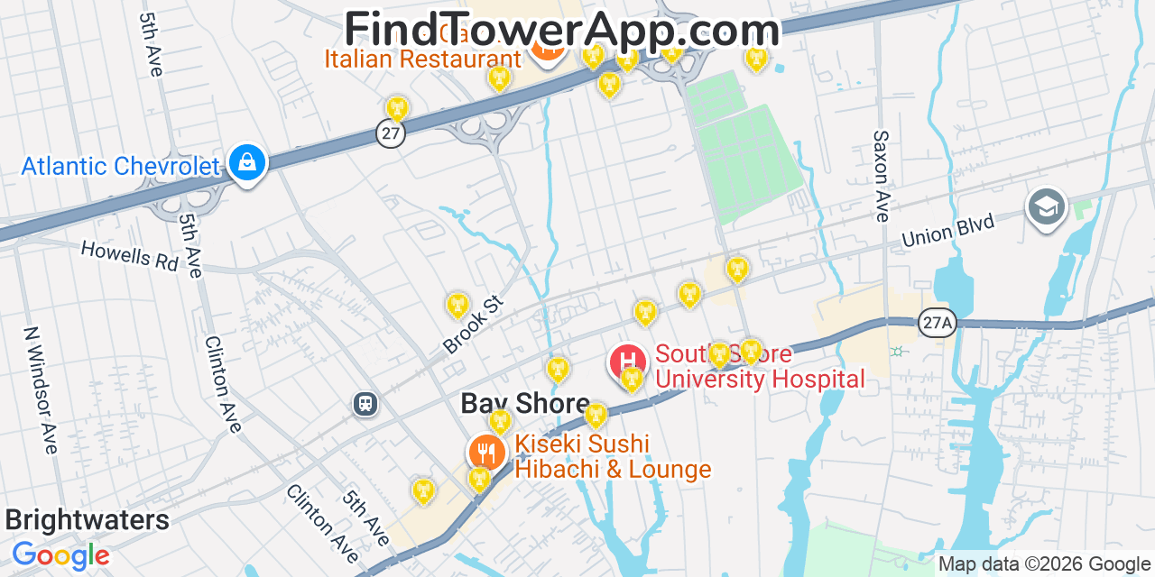 Map showing the 20 primary cell tower locations detected in Bay Shore, New York from AT&T, Verizon, and T-Mobile networks