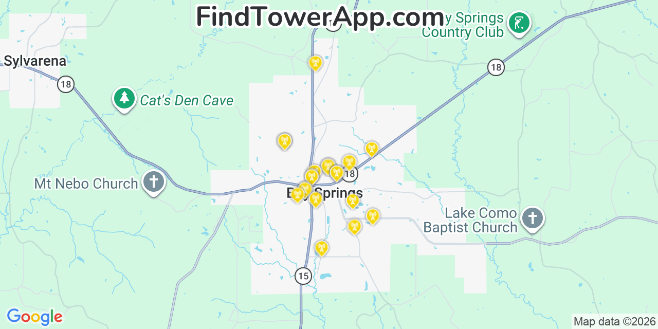 Map showing the 20 primary cell tower locations detected in Bay Springs, Mississippi from AT&T, Verizon, and T-Mobile networks