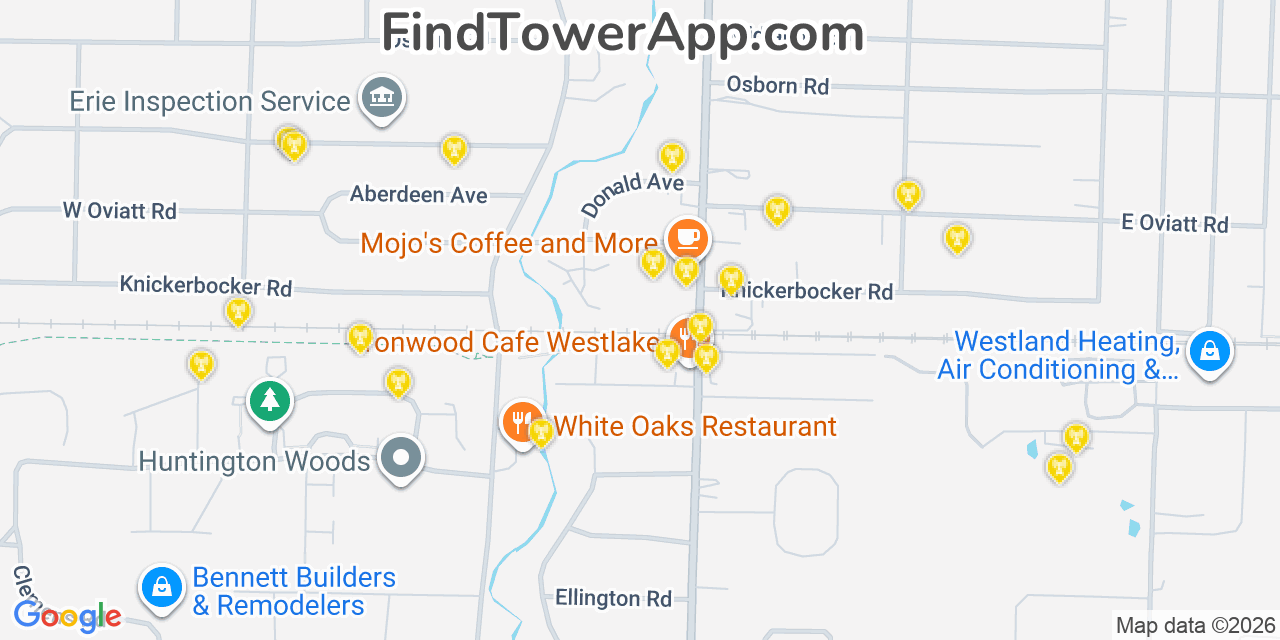 Map showing the 20 primary cell tower locations detected in Bay Village, Ohio from AT&T, Verizon, and T-Mobile networks