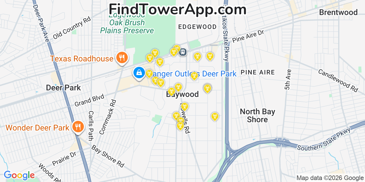 Map showing the 20 primary cell tower locations detected in Bay Wood, New York from AT&T, Verizon, and T-Mobile networks