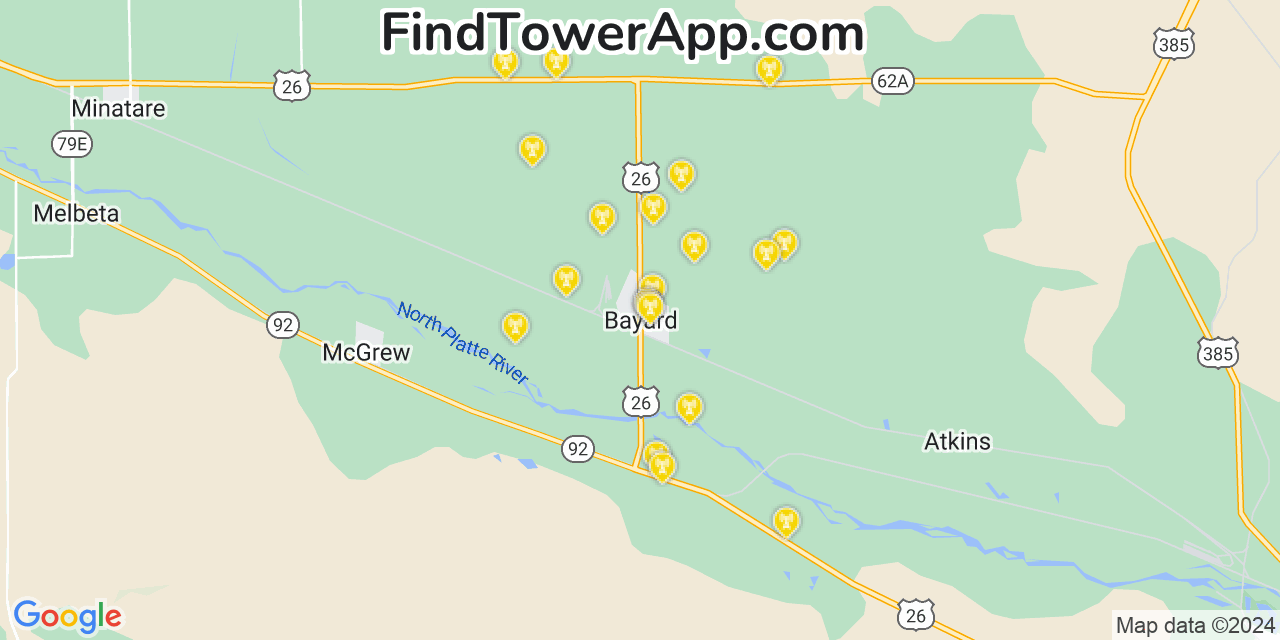 AT&T 4G/5G cell tower coverage map Bayard, Nebraska