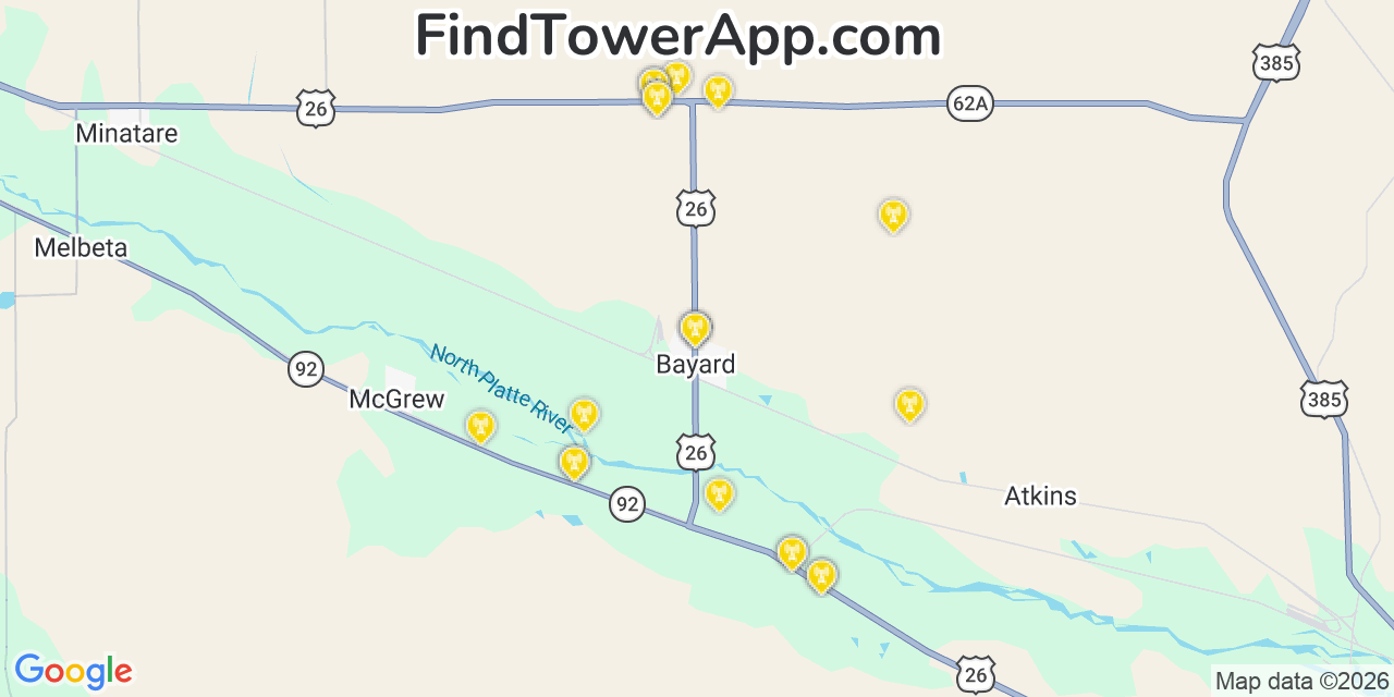 Map showing the 20 primary cell tower locations detected in Bayard, Nebraska from AT&T, Verizon, and T-Mobile networks