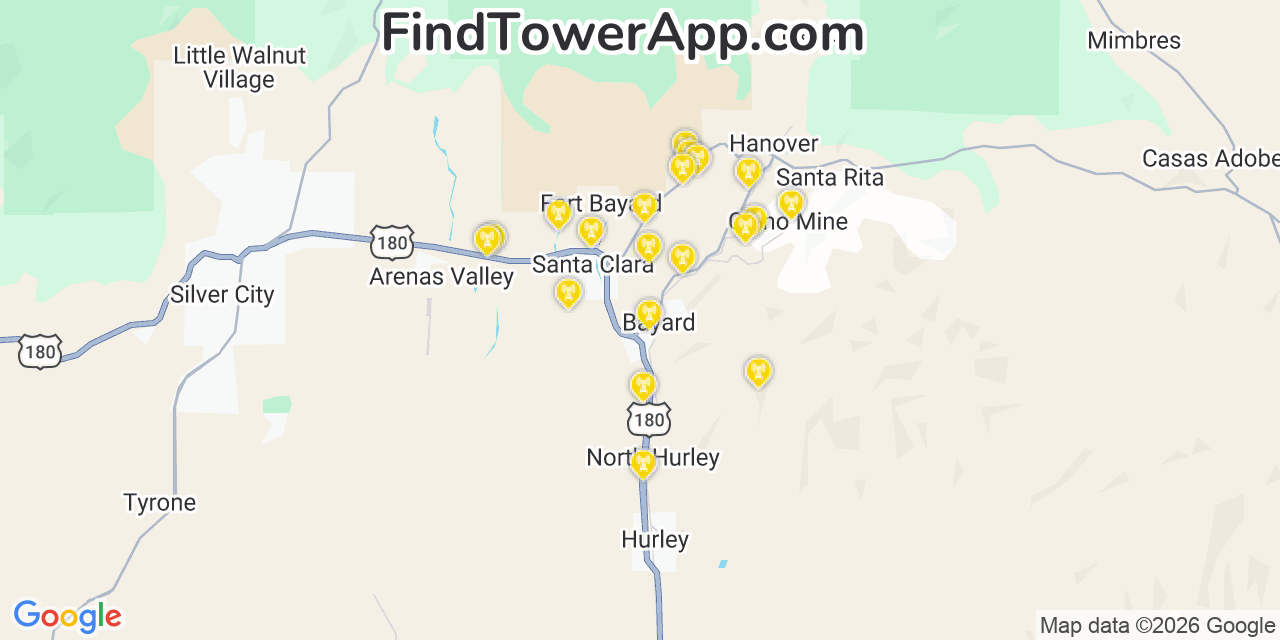 Map showing the 20 primary cell tower locations detected in Bayard, New Mexico from AT&T, Verizon, and T-Mobile networks
