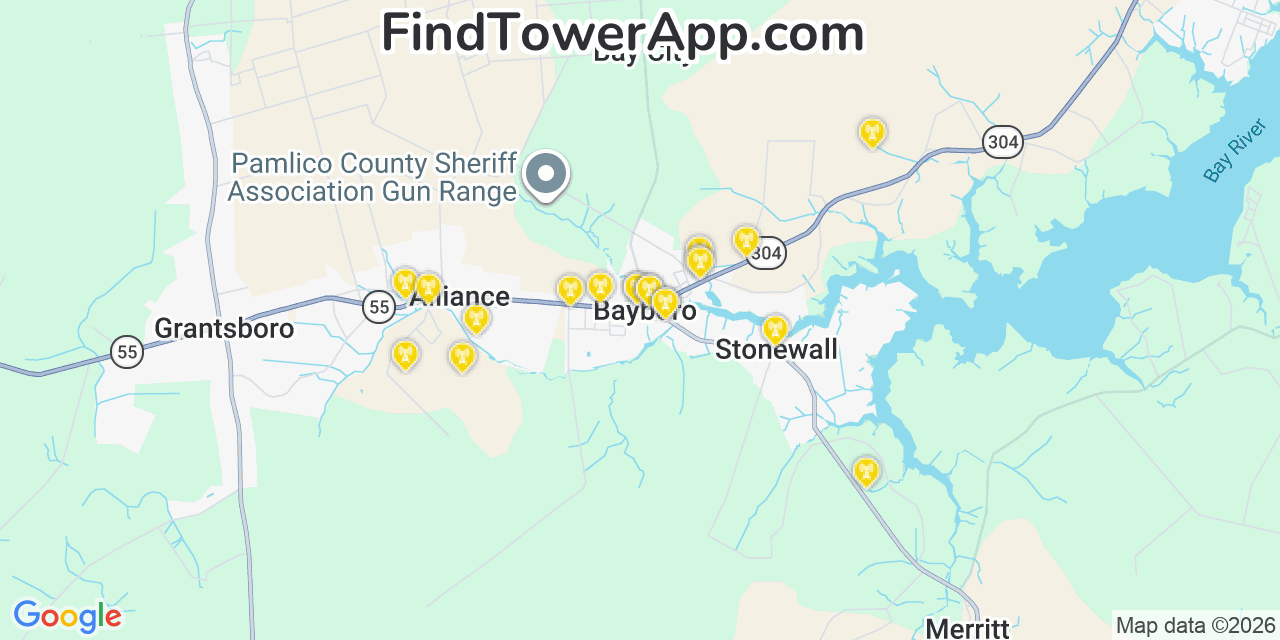 Map showing the 20 primary cell tower locations detected in Bayboro, North Carolina from AT&T, Verizon, and T-Mobile networks