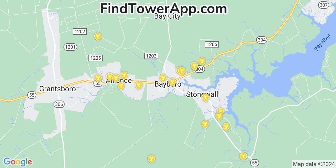 Verizon 4G/5G cell tower coverage map Bayboro, North Carolina