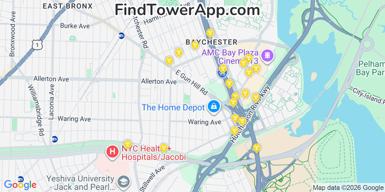 Map showing the 20 primary cell tower locations detected in Baychester, New York from AT&T, Verizon, and T-Mobile networks