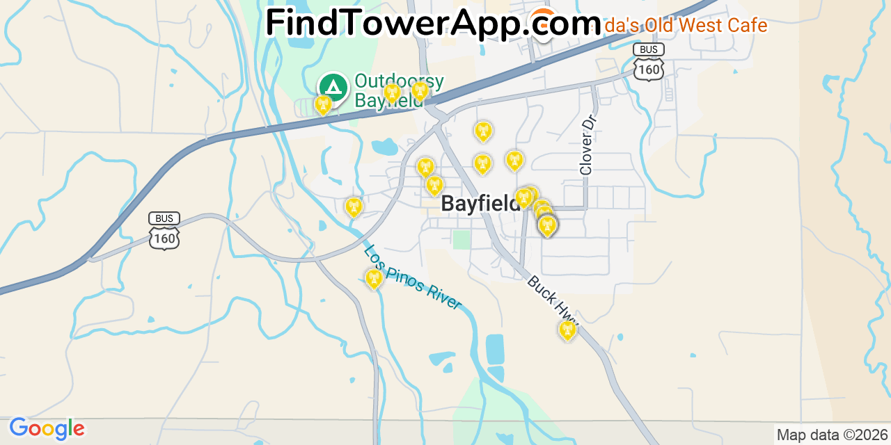 Map showing the 20 primary cell tower locations detected in Bayfield, Colorado from AT&T, Verizon, and T-Mobile networks