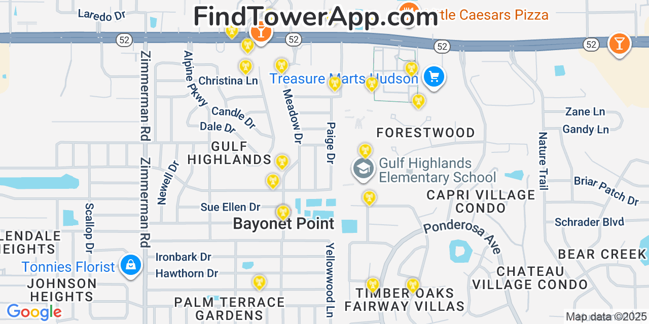 Map showing the 20 primary cell tower locations detected in Bayonet Point, Florida from AT&T, Verizon, and T-Mobile networks