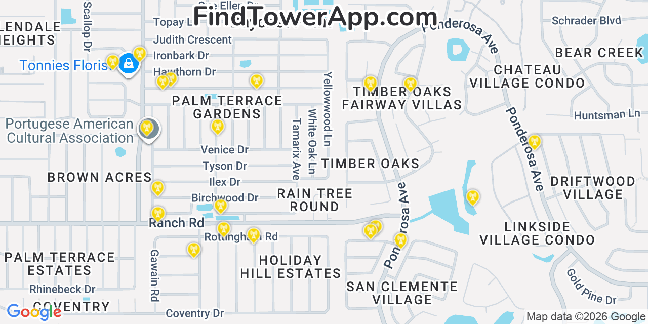 Map showing the 20 primary cell tower locations detected in Bayonet Point, Florida from AT&T, Verizon, and T-Mobile networks