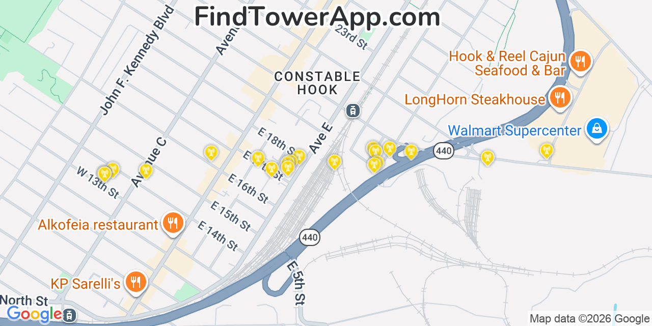 Map showing the 20 primary cell tower locations detected in Bayonne, New Jersey from AT&T, Verizon, and T-Mobile networks