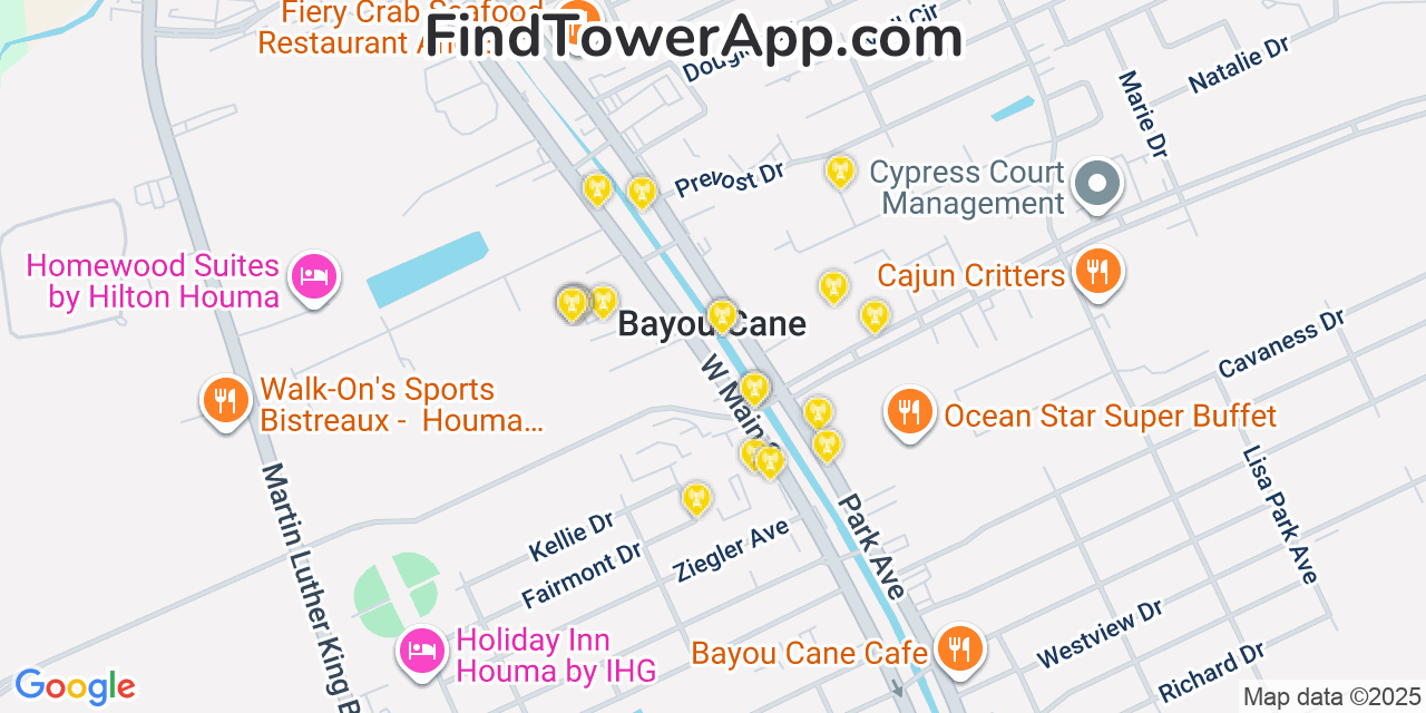 Map showing the 20 primary cell tower locations detected in Bayou Cane, Louisiana from AT&T, Verizon, and T-Mobile networks