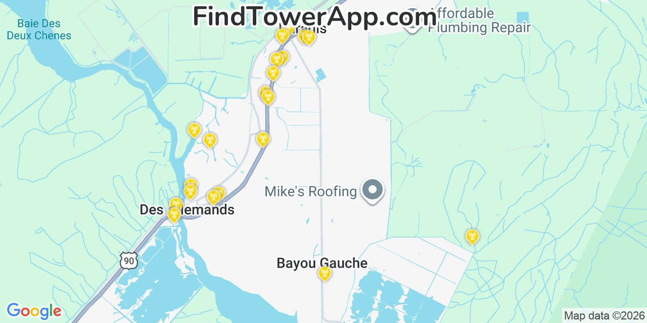 Map showing the 20 primary cell tower locations detected in Bayou Gauche, Louisiana from AT&T, Verizon, and T-Mobile networks