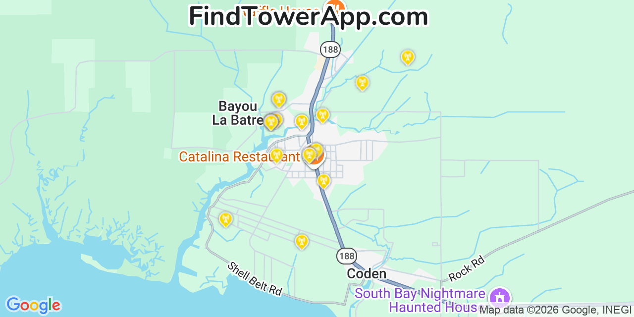 Map showing the 20 primary cell tower locations detected in Bayou La Batre, Alabama from AT&T, Verizon, and T-Mobile networks